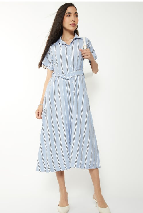 Women Striped Belted Shirt Dress