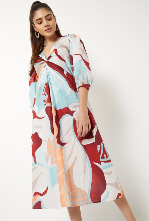 Women Printed A-line Dress with Twist Detail