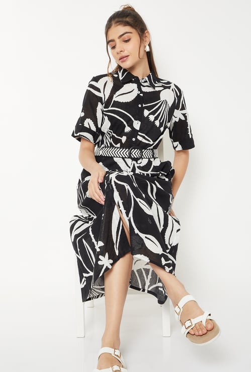 Women Printed Shirt Dress with Belt