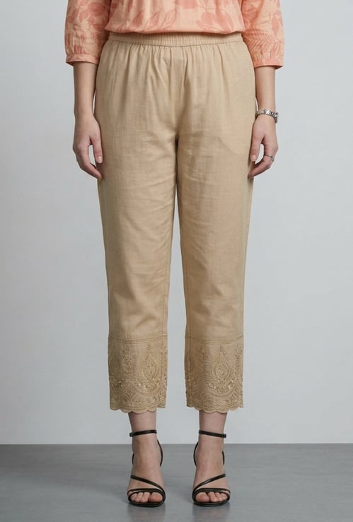 Women Embroidered Hem Straight Pants