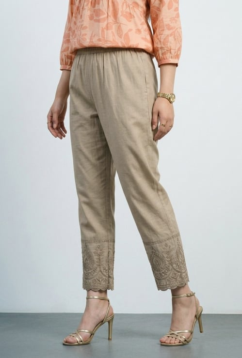 Women Embroidered Hem Straight Pants