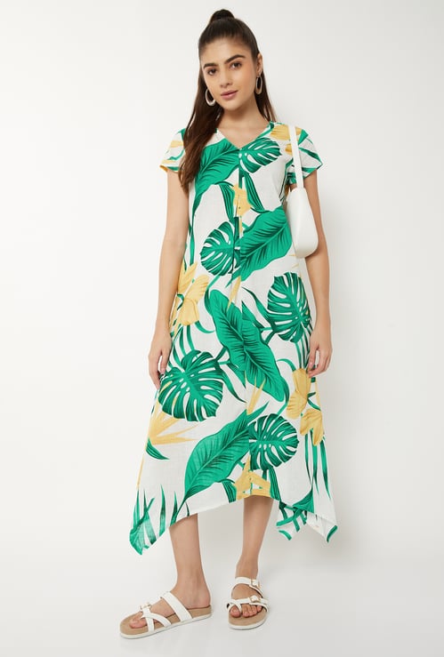 Women Tropical Print Handkerchief Hem Dress