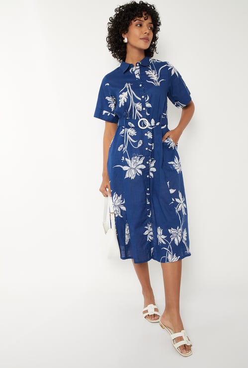 Women Floral Print Shirt Dress