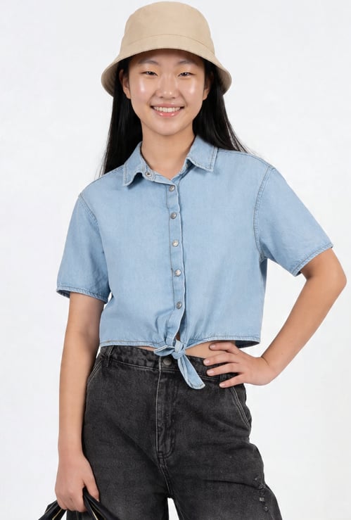 Girls Solid Tie-Up Shirt