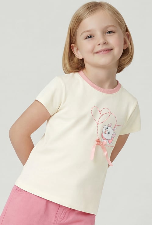 Girls Printed Oversized T-shirt with Bow Applique