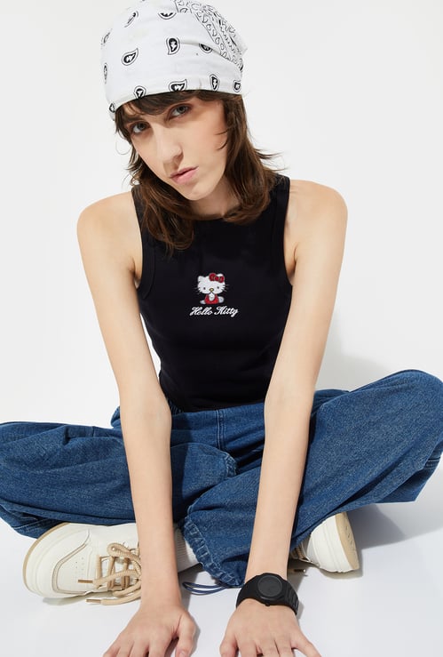 URB_N Women Hello Kitty Embroidered Crop Tank Top