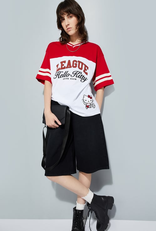 URB_N Women Hello Kitty Colourblock Oversized T-shirt