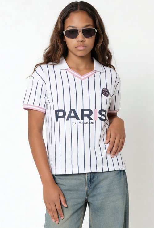 Girls Striped Sports Johnny Collar T-shirt