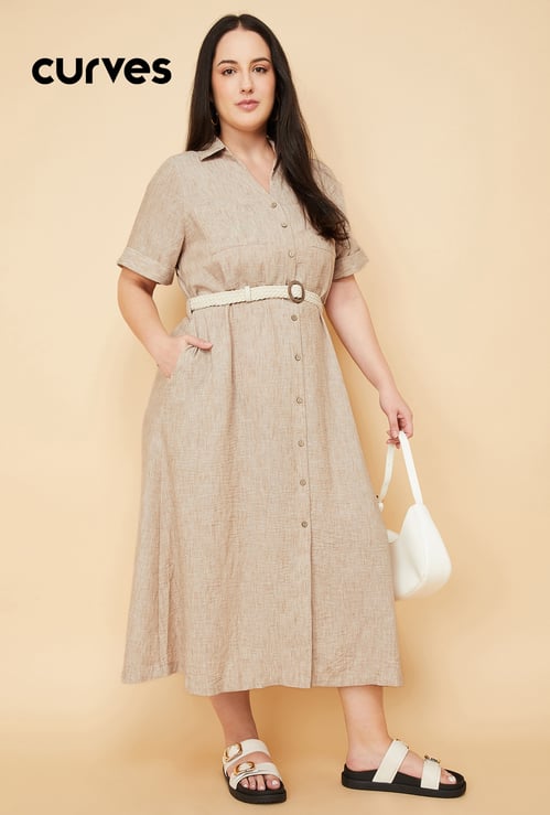 Women Textured Shirt Dress with Belt