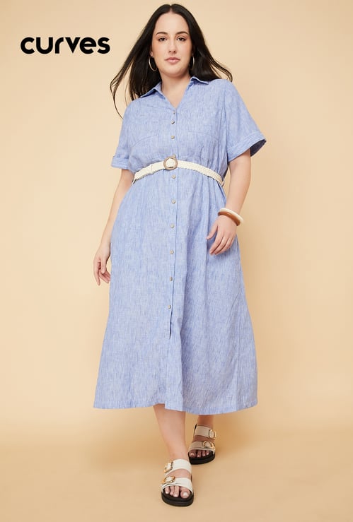 Women Textured Shirt Dress with Belt