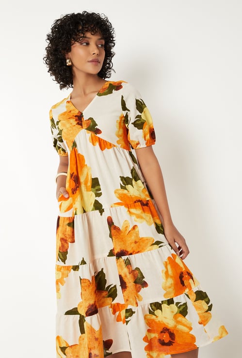 Women Floral Print Tiered Midi Dress