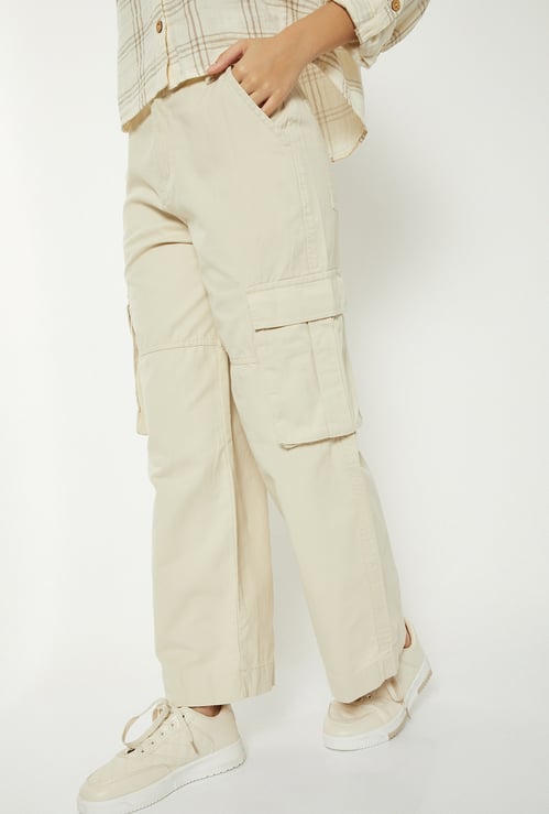 Women Solid Wide Leg Cargo Trousers