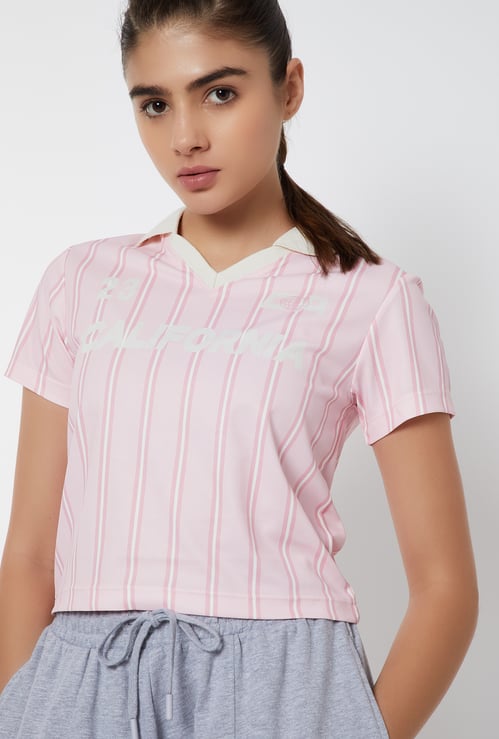 Women Striped Johnny Collar T-shirt