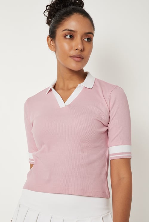 Women Ribbed Johnny Collar T-shirt