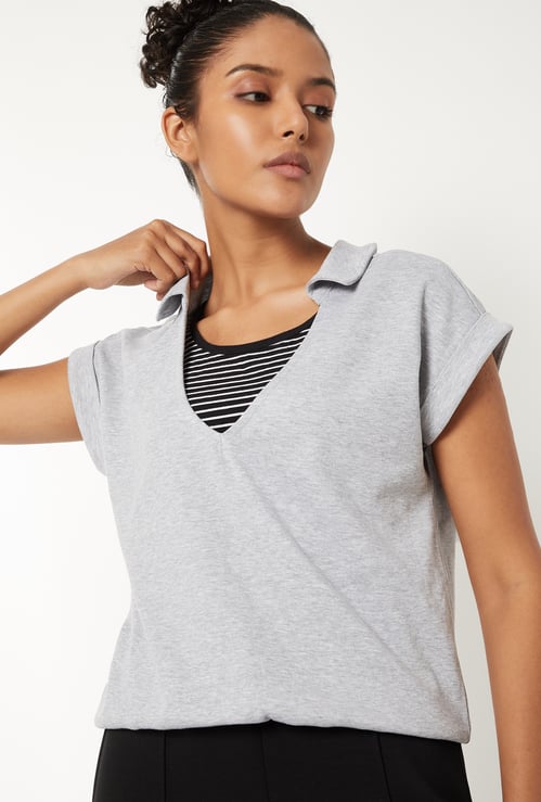 Women Solid Johnny Collar T-shirt