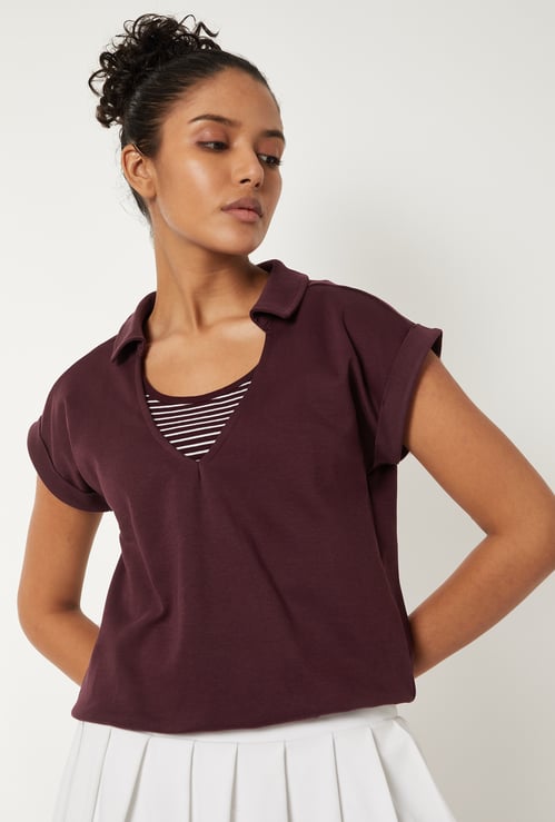Women Solid Johnny Collar T-shirt