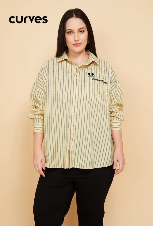 Women Mickey Mouse Embroidered Striped Shirt