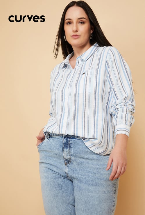 Women Mickey Mouse Embroidered Striped Shirt