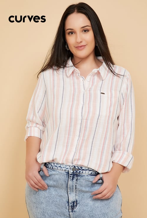 Women Mickey Mouse Embroidered Striped Shirt