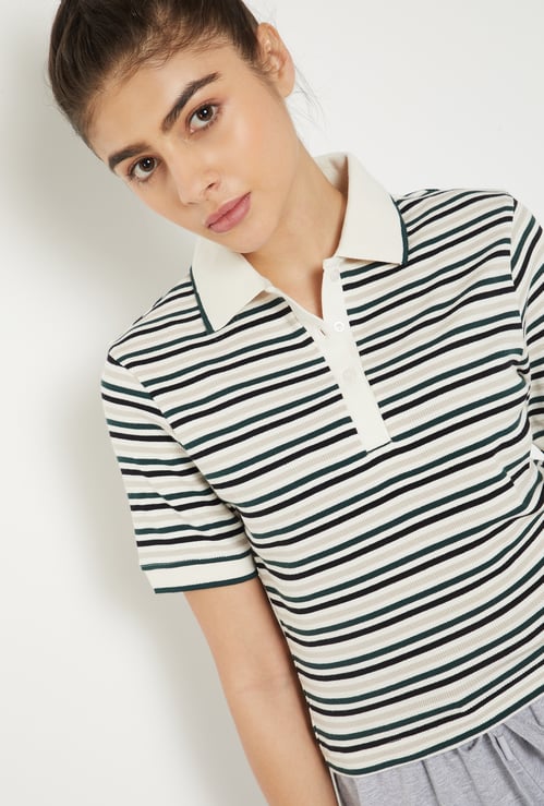 Women Striped Sports Polo T-shirt