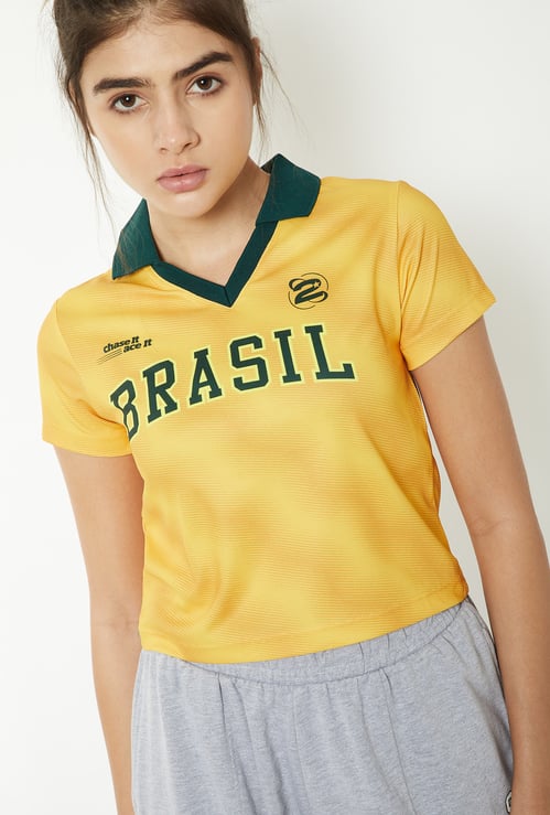 Women Printed Slim Fit Johnny Collar Sports T-shirt