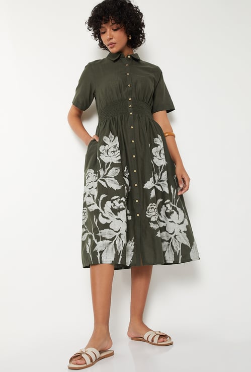 Women Floral Print Shirt Dress