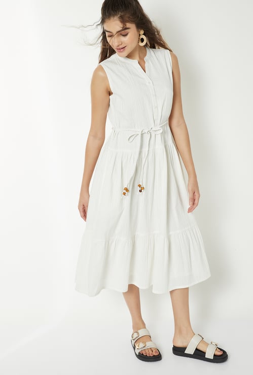 Women Striped Seersucker Midi Dress