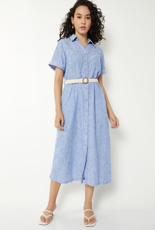 Women Textured Shirt Dress with Belt