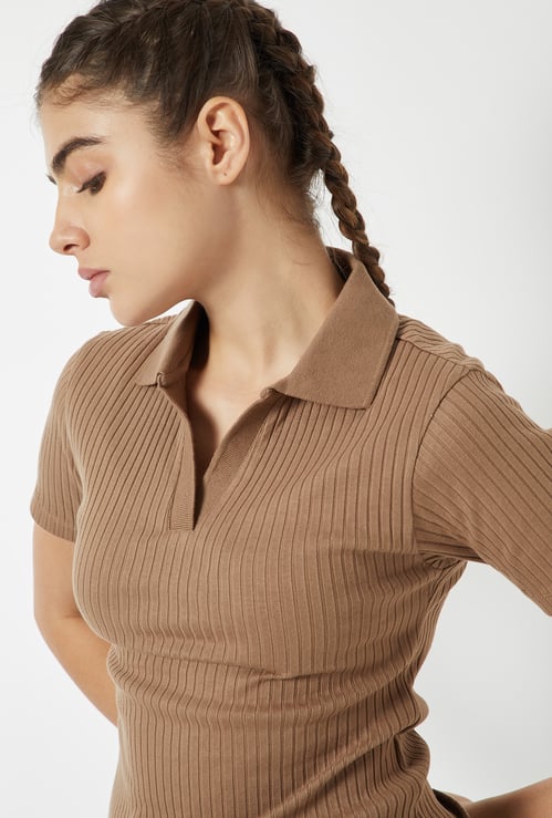 Women Ribbed Johnny Collar Sports T-shirt