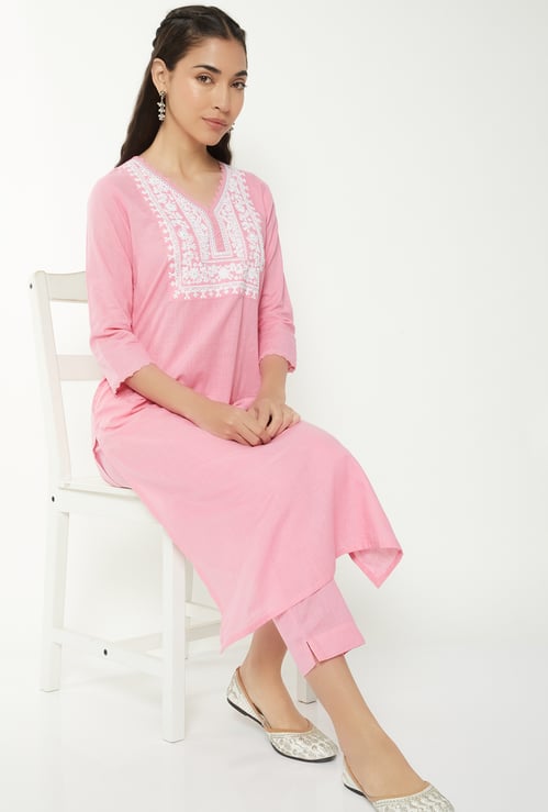 Women Embroidered Yoke Straight Kurta Set