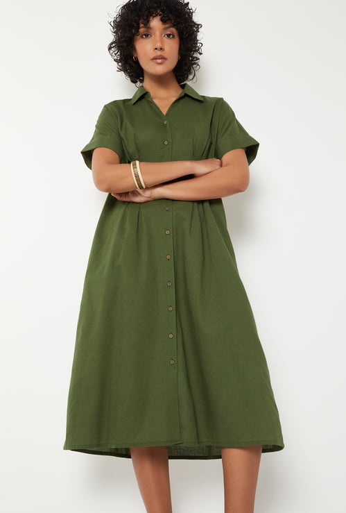 Women Pleated Shirt Dress