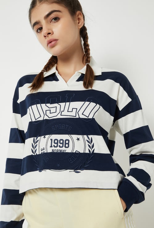 Women Striped Johnny Collar Sports T-shirt