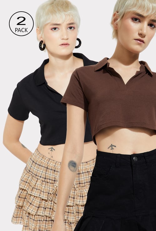 URB_N Women Solid Crop Johnny Collar T-shirt