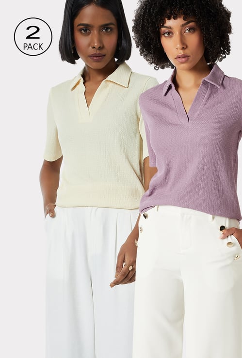 Women Textured Johnny Collar T-shirt - Pack of 2