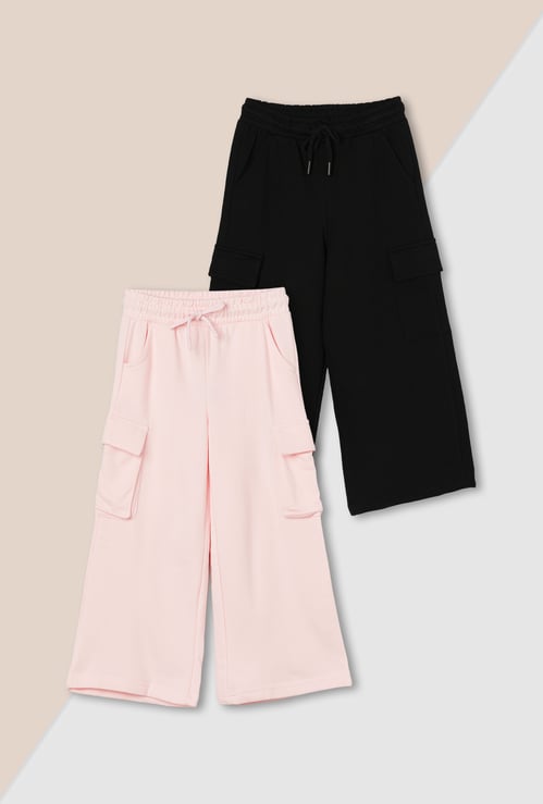 Girls Solid Cargo Track Pants - Pack of 2