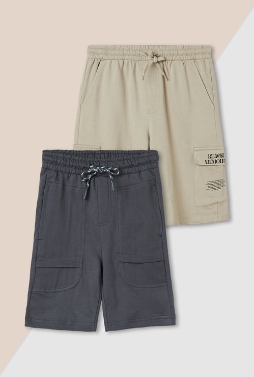 Boys Solid Cargo Shorts - Pack of 2