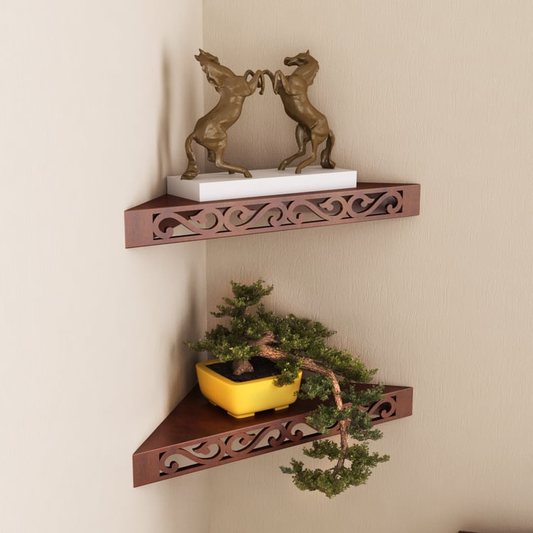 HOME SPARKLE Set of 2 Corner Wall Shelves - Brown