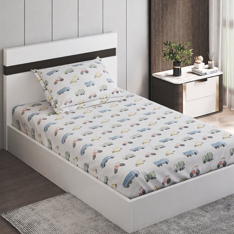Slate Kids Trucksdiggers Cotton 150TC Printed 2Pcs Single Bedsheet Set