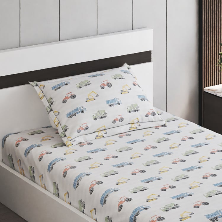 Slate Kids Trucksdiggers Cotton 150TC Printed 2Pcs Single Bedsheet Set