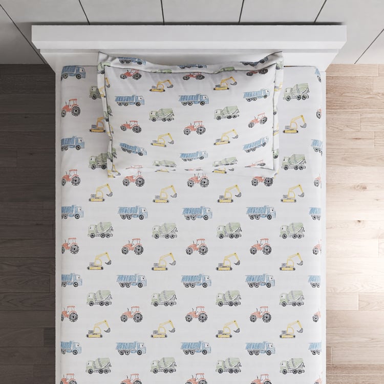 Slate Kids Trucksdiggers Cotton 150TC Printed 2Pcs Single Bedsheet Set