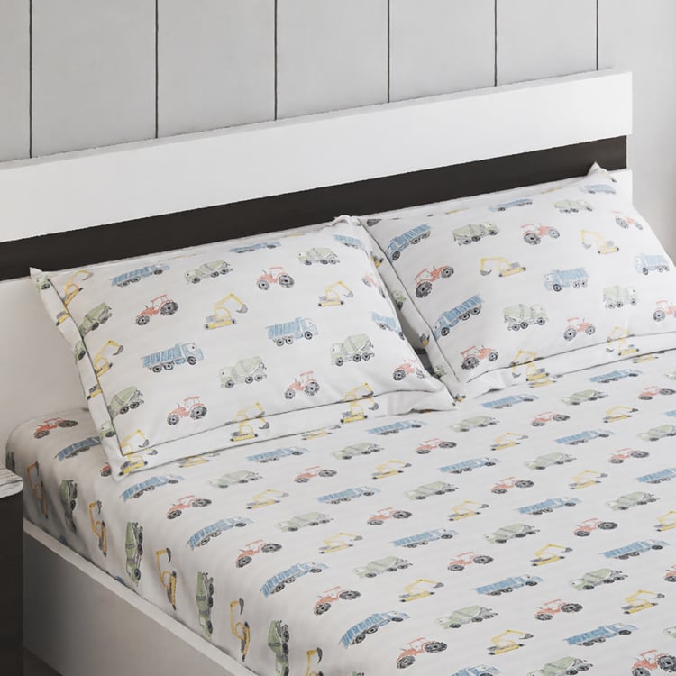 Slate Kids Trucksdiggers Cotton 150TC Printed 3Pcs Queen Bedsheet Set
