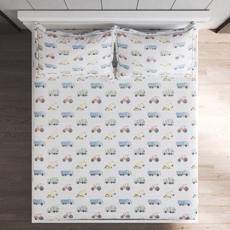Slate Kids Trucksdiggers Cotton 150TC Printed 3Pcs Queen Bedsheet Set
