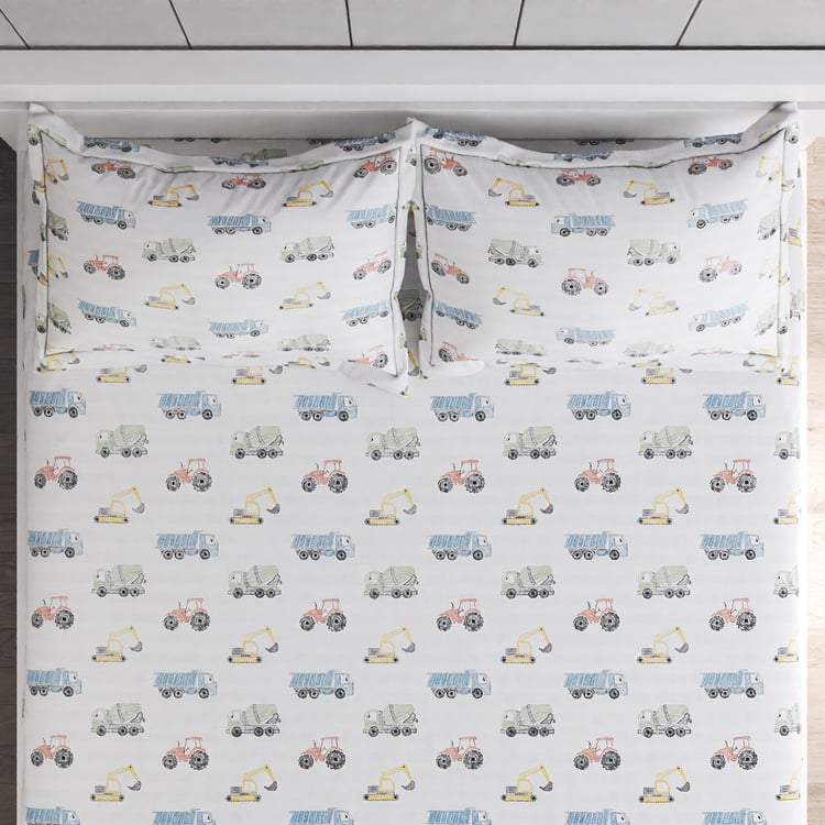 Slate Kids Trucksdiggers Cotton 150TC Printed 3Pcs Queen Bedsheet Set