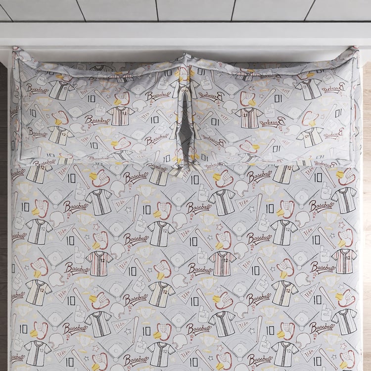 Slate Kids Baseball Cotton 150TC Printed 3Pcs Queen Bedsheet Set