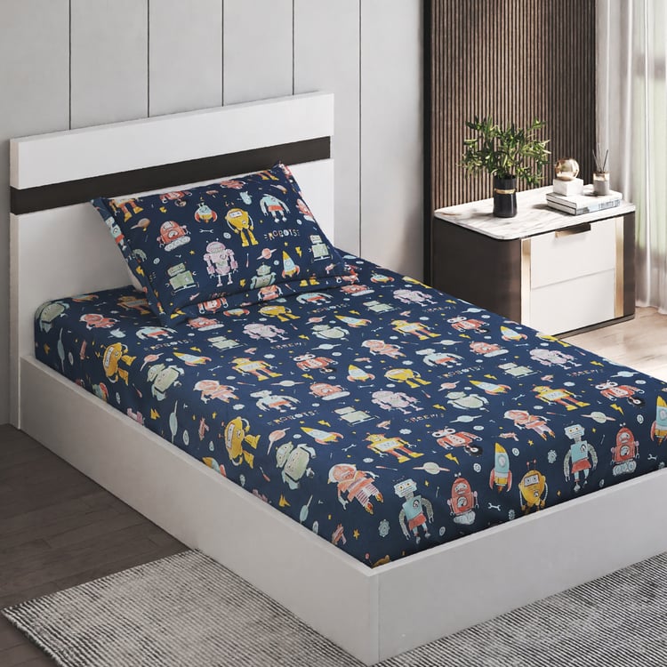 Slate Kids Robot Cotton 150TC Printed 2Pcs Single Bedsheet Set