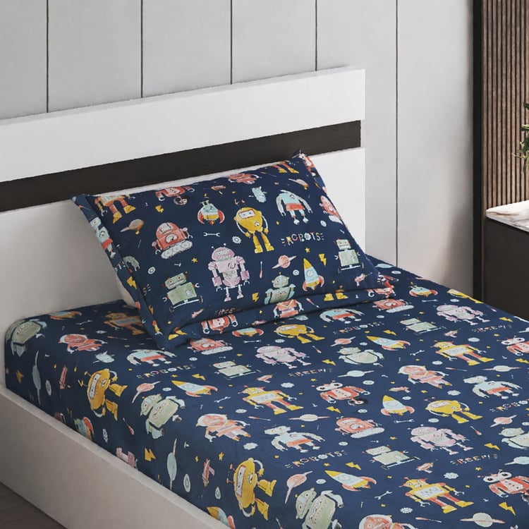Slate Kids Robot Cotton 150TC Printed 2Pcs Single Bedsheet Set
