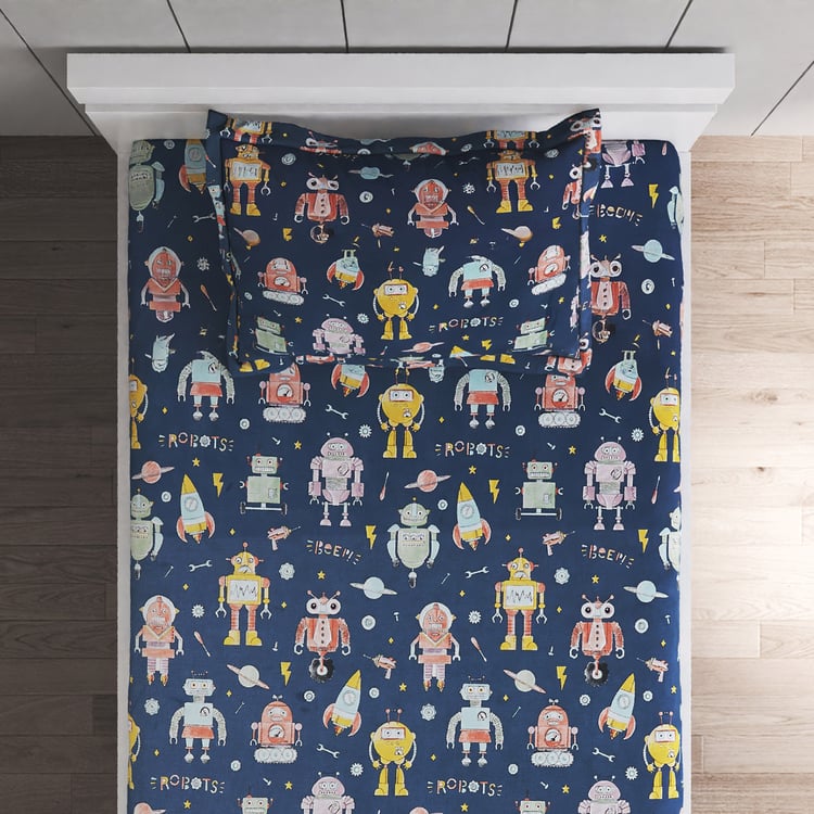 Slate Kids Robot Cotton 150TC Printed 2Pcs Single Bedsheet Set