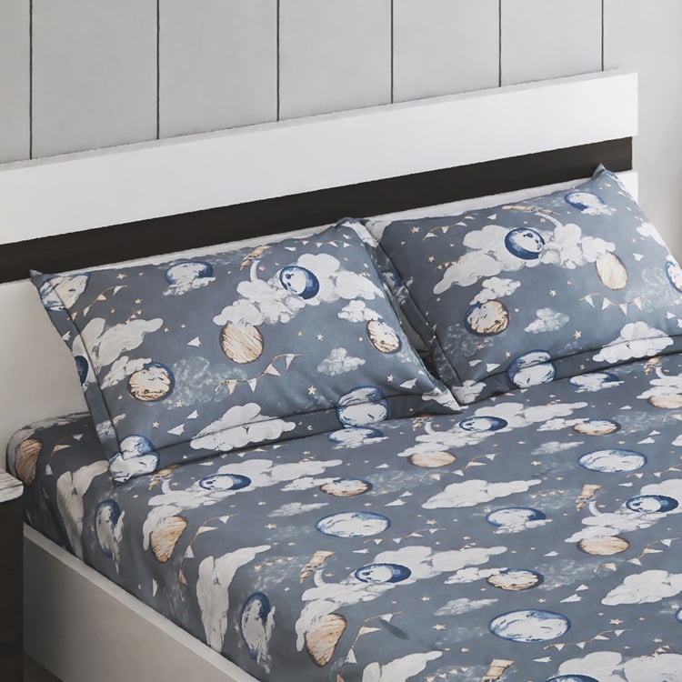 Slate Kids Space Cotton 150TC Printed 3Pcs Queen Bedsheet Set
