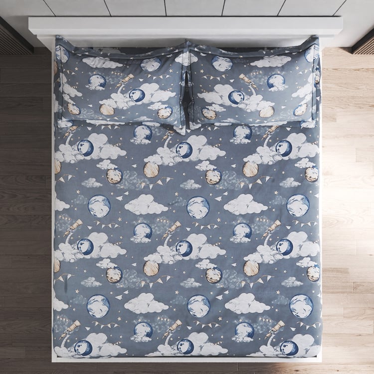 Slate Kids Space Cotton 150TC Printed 3Pcs Queen Bedsheet Set