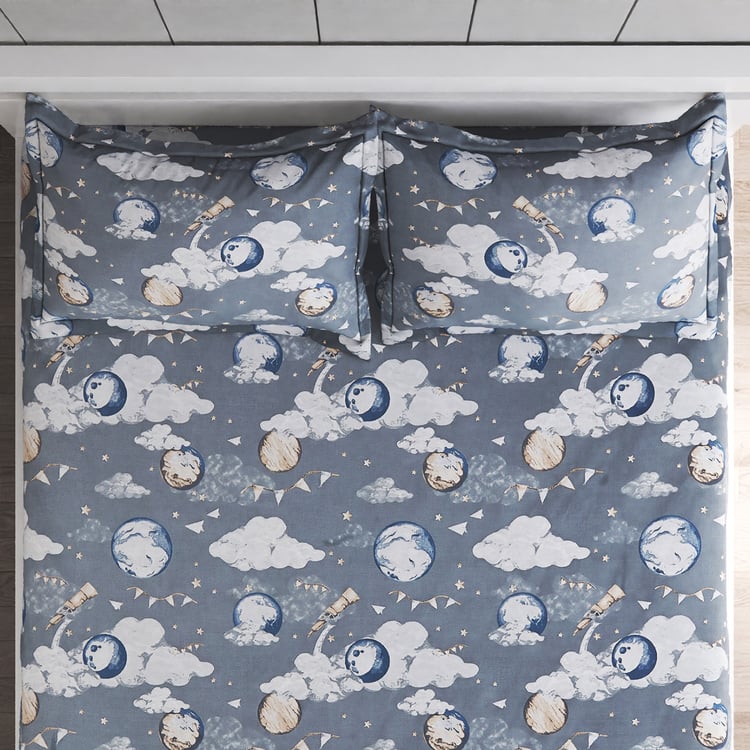 Slate Kids Space Cotton 150TC Printed 3Pcs Queen Bedsheet Set